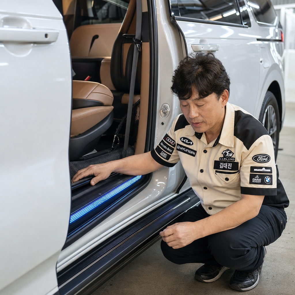 청주 카니발 LED 도어 스커프 리어스텝 시공 사이드스텝등 무드등 튜닝 자동차 카페 카랜드알지